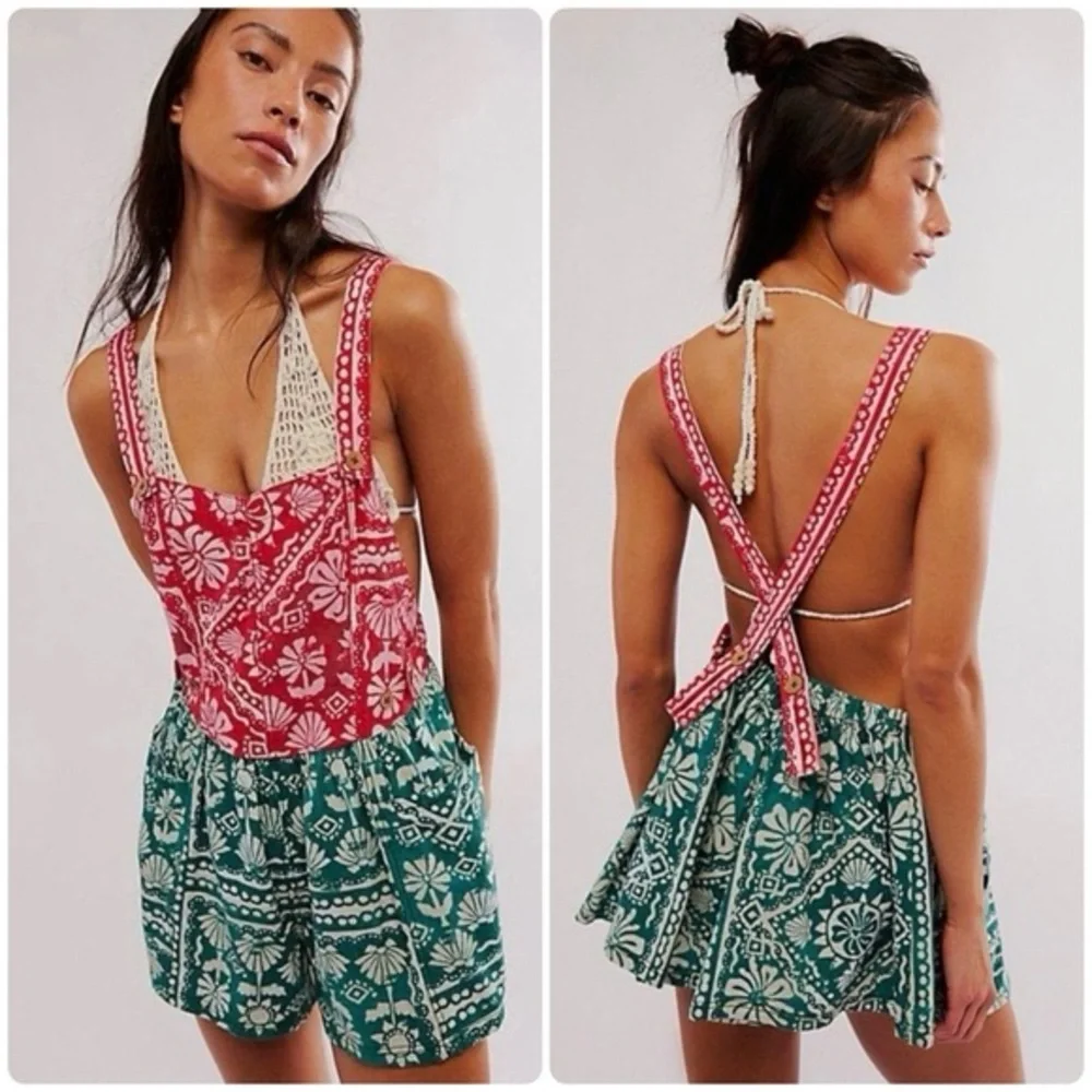 Free People Palm Bay Printed Shortalls Romper - M